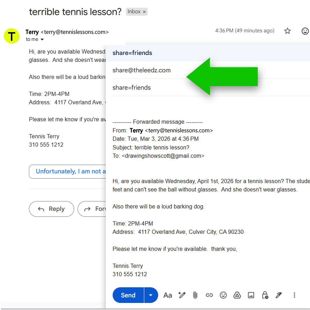 Leedz share email with booking info and client contact