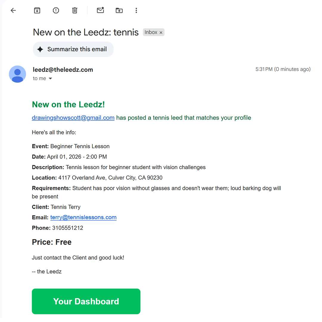 Leedz share confirmation email